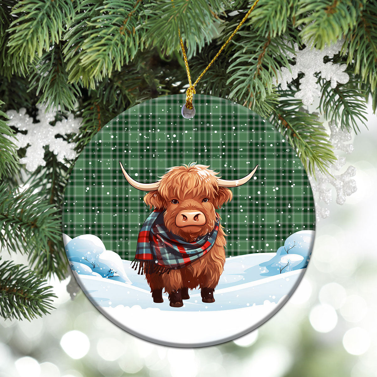 MacDonald Lord of the Isles Hunting Tartan Christmas Ceramic Ornament - Highland Cows Snow Style