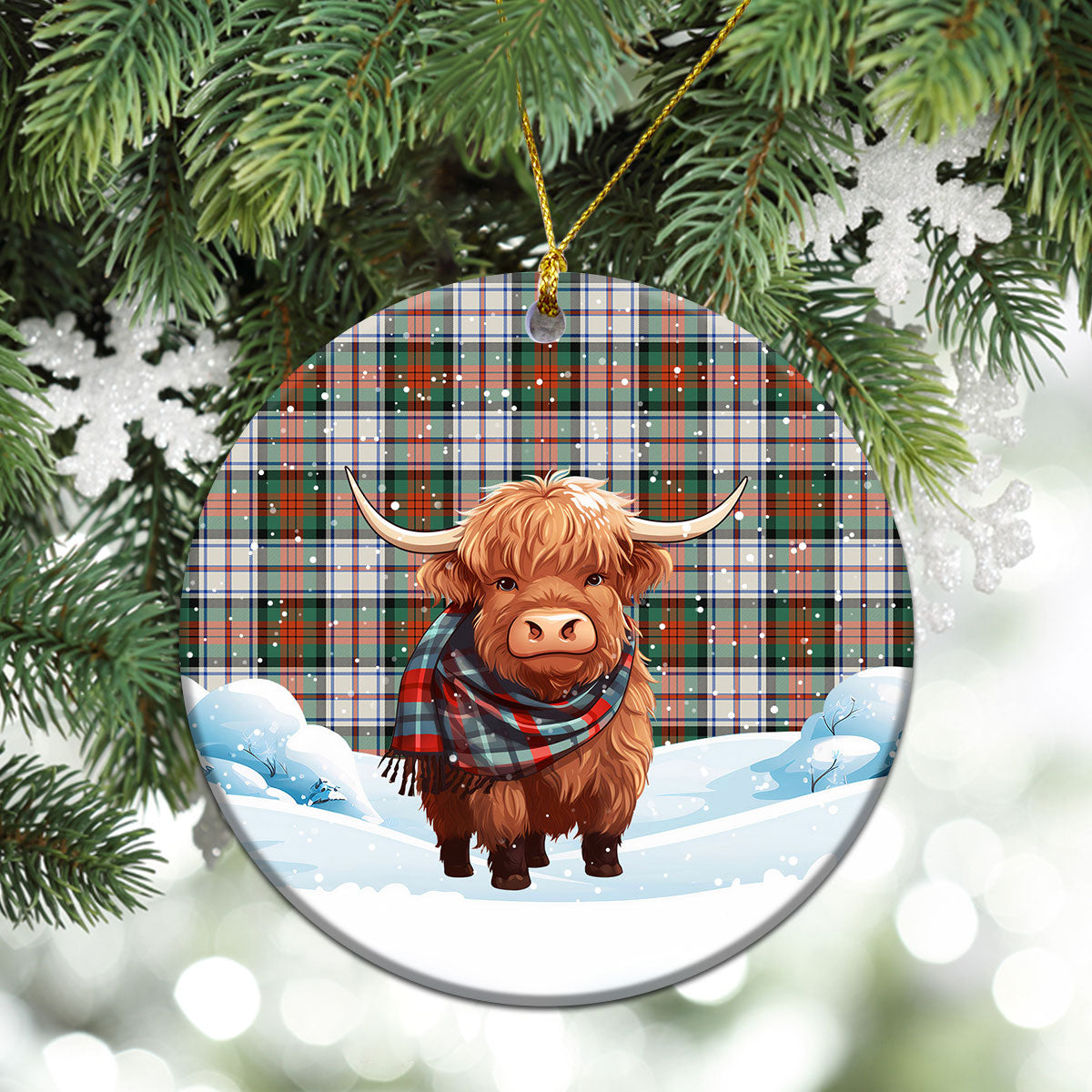 MacDuff Dress Ancient Tartan Christmas Ceramic Ornament - Highland Cows Snow Style