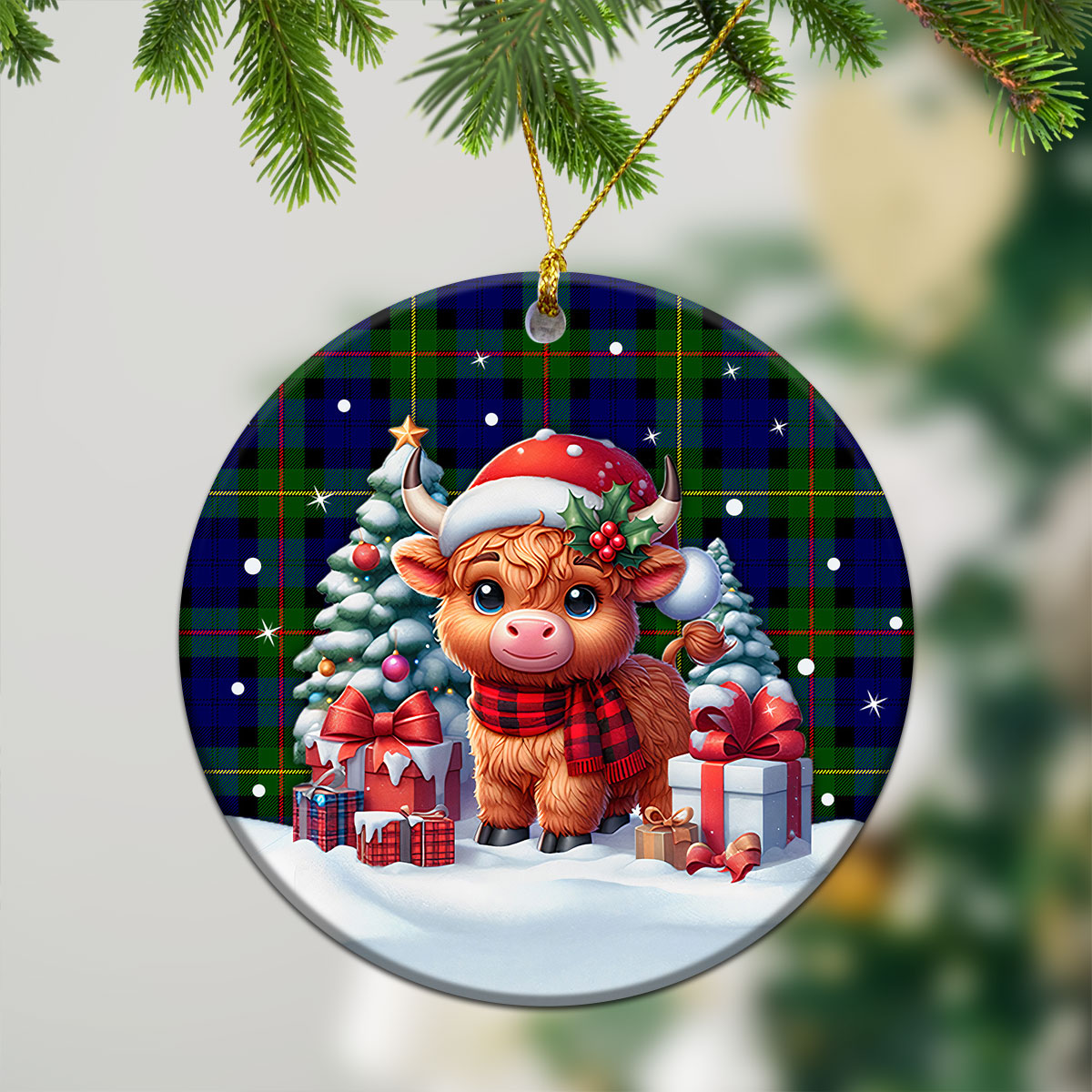 MacEwan Modern Tartan Christmas Ceramic Ornament - Highland Cow Winter Style