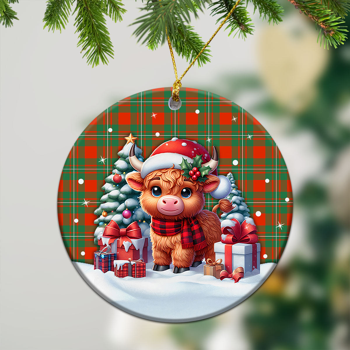 MacGregor Ancient Tartan Christmas Ceramic Ornament - Highland Cow Winter Style