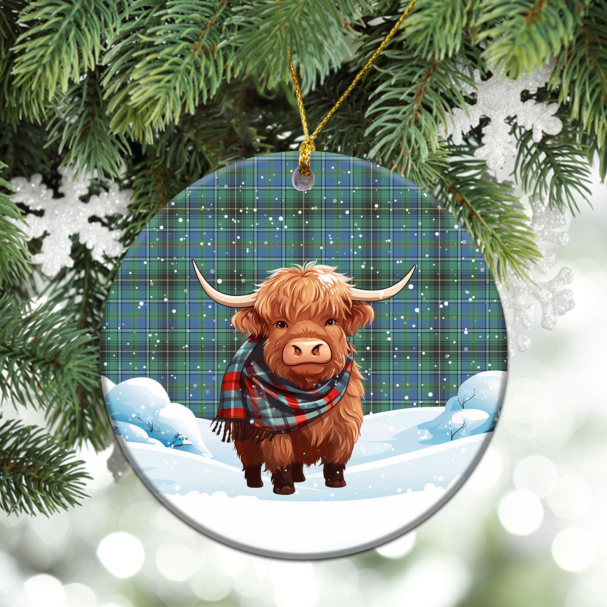 MacInnes Ancient Tartan Christmas Ceramic Ornament - Highland Cows Snow Style