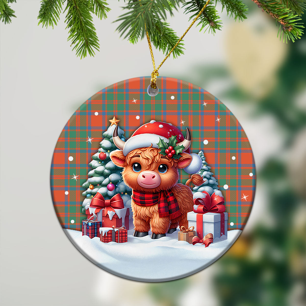 MacIntosh Ancient Tartan Christmas Ceramic Ornament - Highland Cow Winter Style