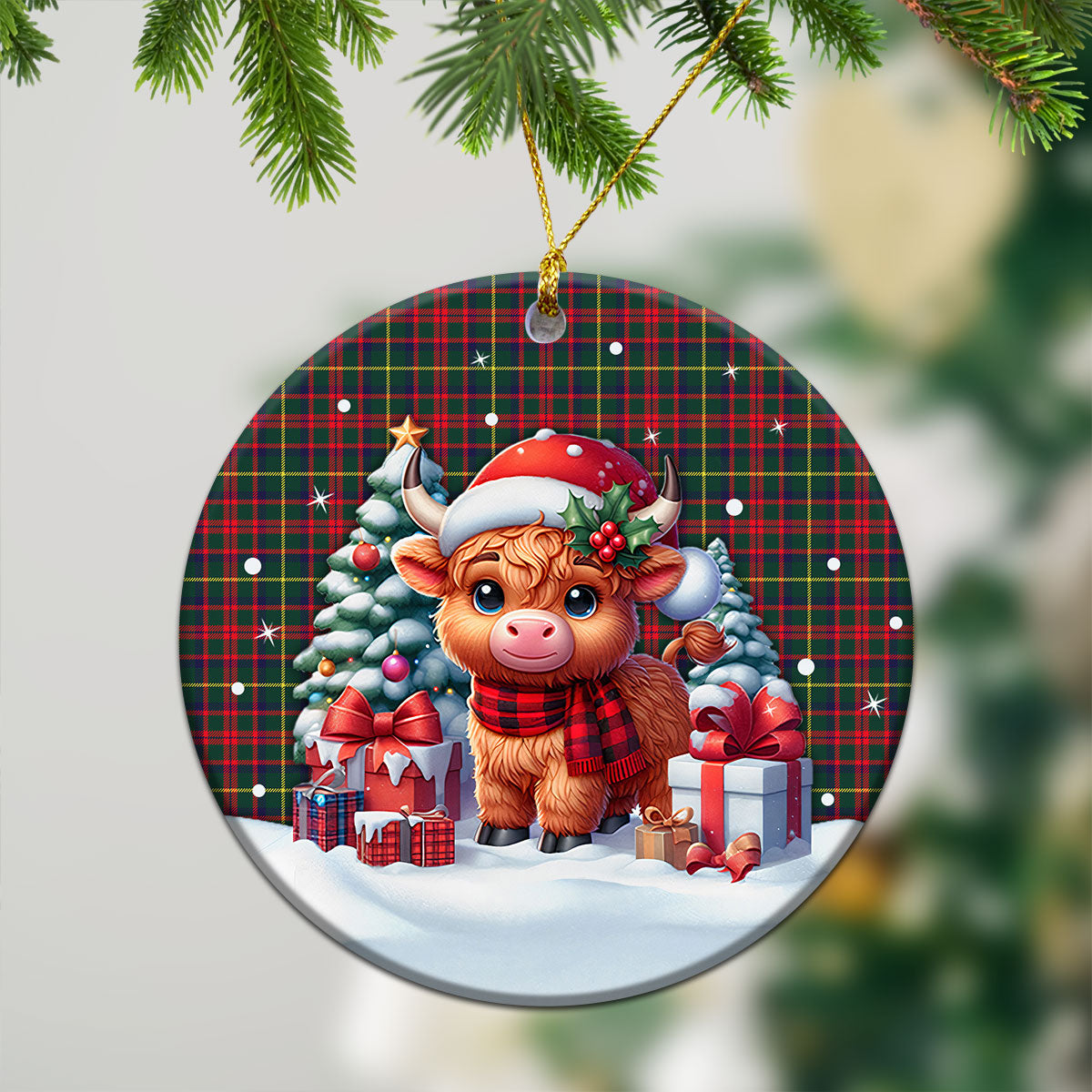 MacIntosh Hunting Modern Tartan Christmas Ceramic Ornament - Highland Cow Winter Style