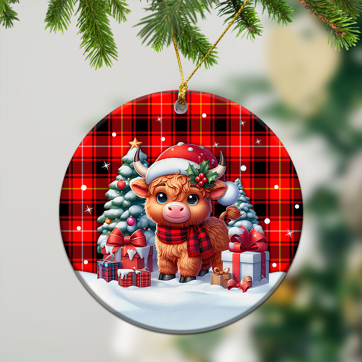 MacIver Modern Tartan Christmas Ceramic Ornament - Highland Cow Winter Style