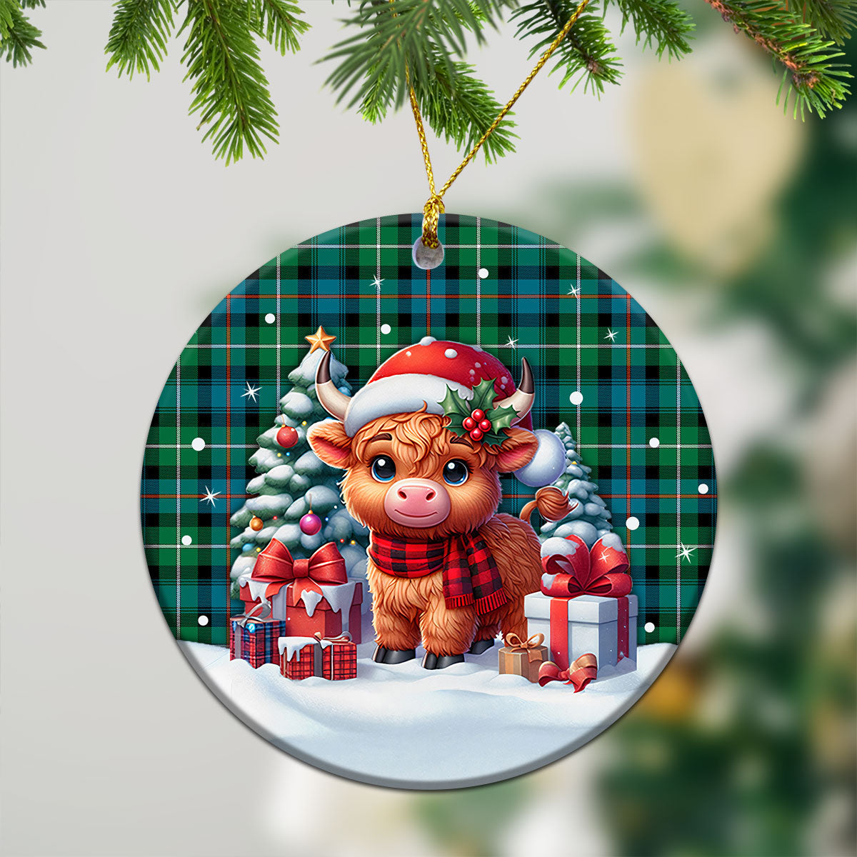 MacKenzie Ancient Tartan Christmas Ceramic Ornament - Highland Cow Winter Style