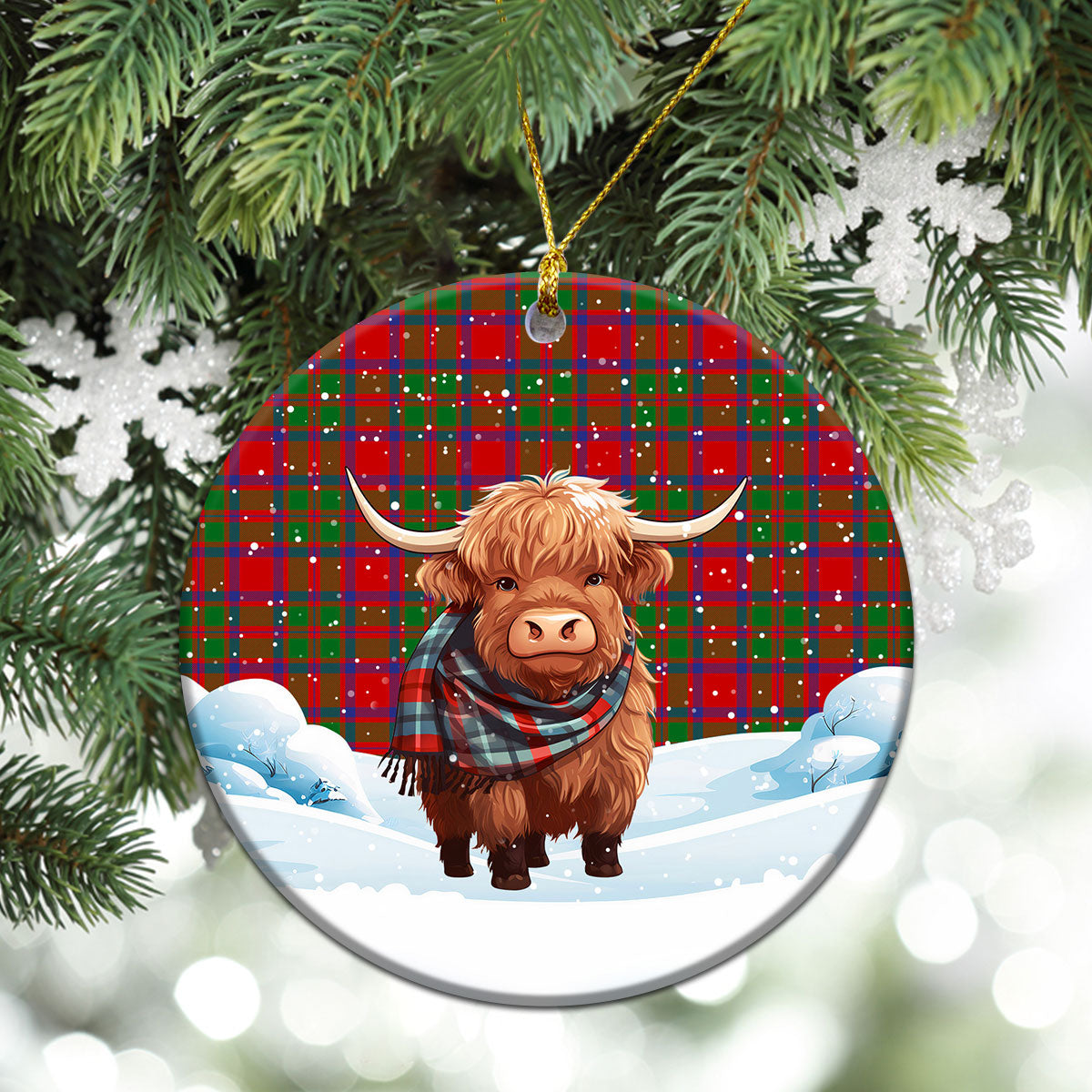 MacKintosh Modern Tartan Christmas Ceramic Ornament - Highland Cows Snow Style