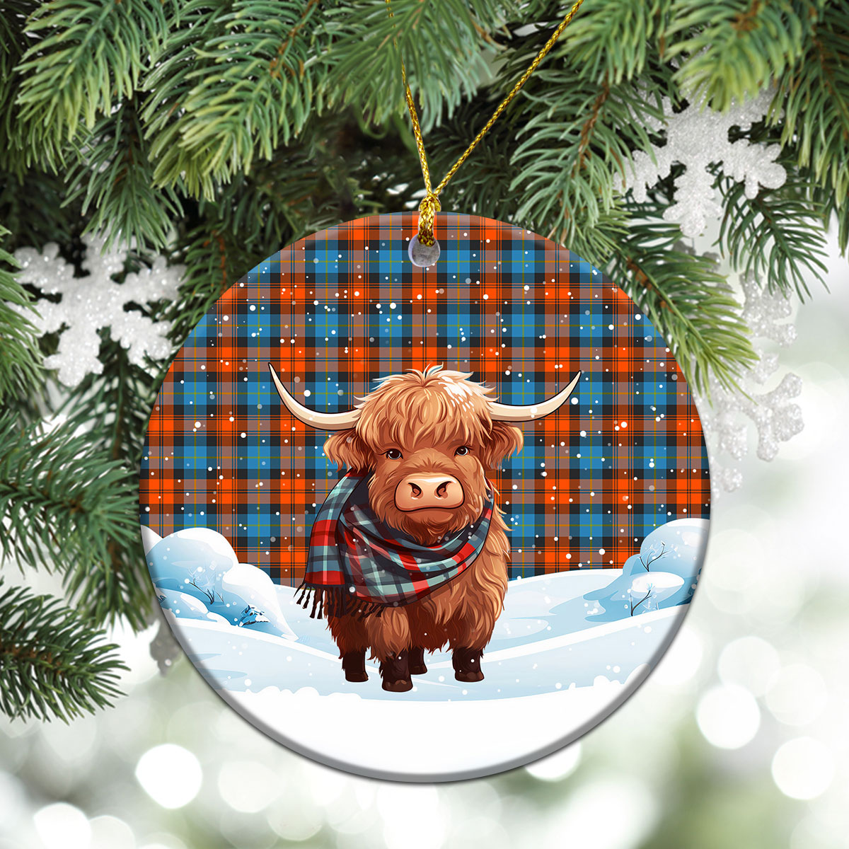 MacLachlan Ancient Tartan Christmas Ceramic Ornament - Highland Cows Snow Style