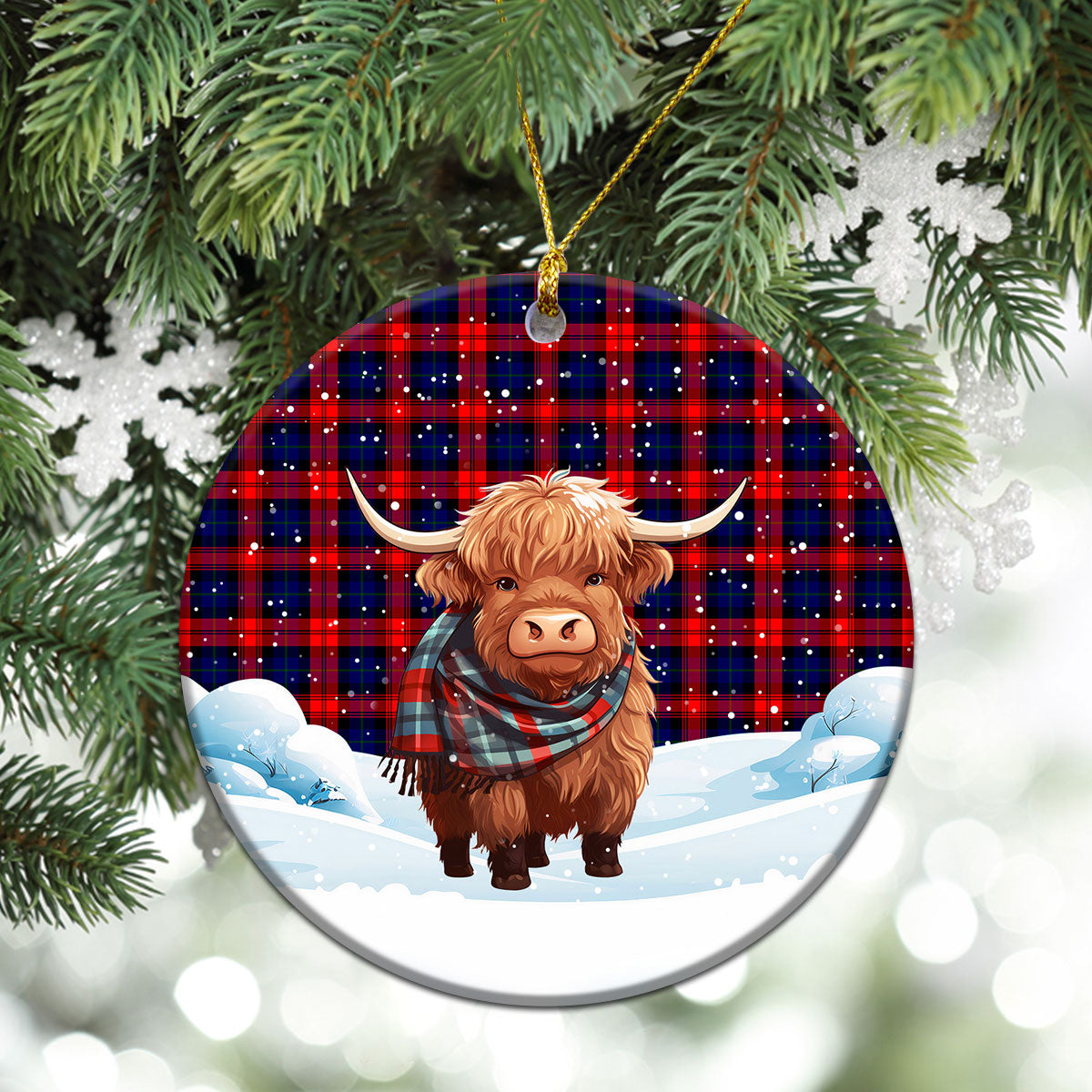 MacLachlan Modern Tartan Christmas Ceramic Ornament - Highland Cows Snow Style