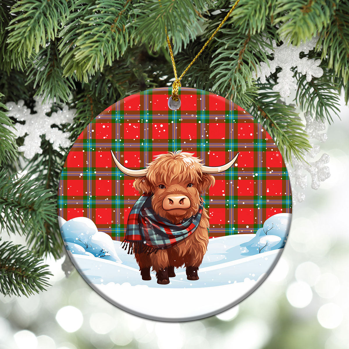 MacLaine of Loch Buie Tartan Christmas Ceramic Ornament - Highland Cows Snow Style