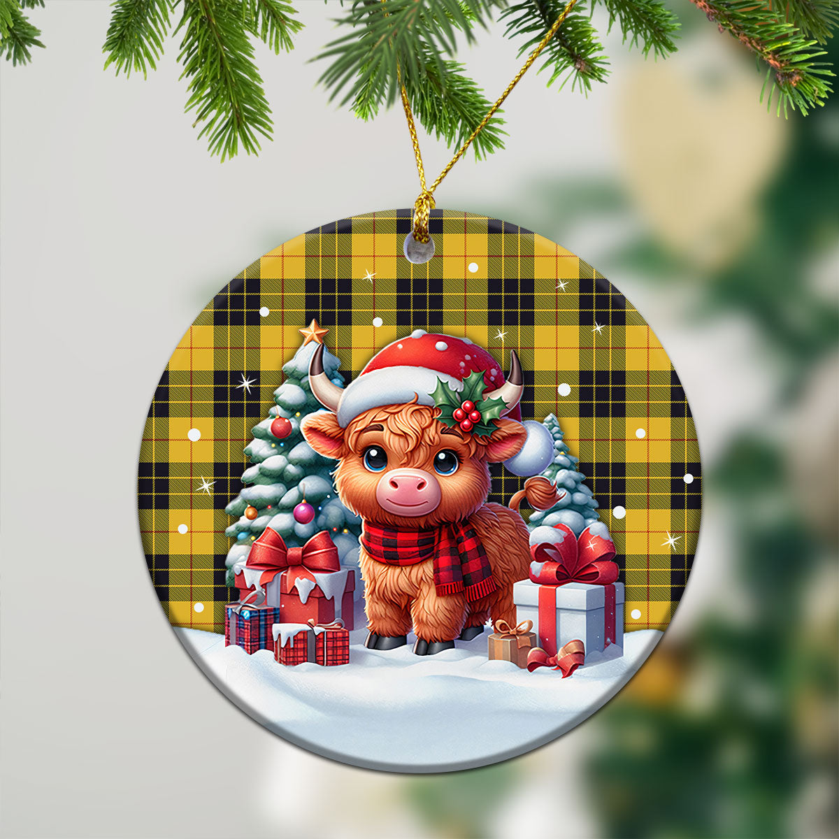 MacLeod of Lewis Ancient Tartan Christmas Ceramic Ornament - Highland Cow Winter Style