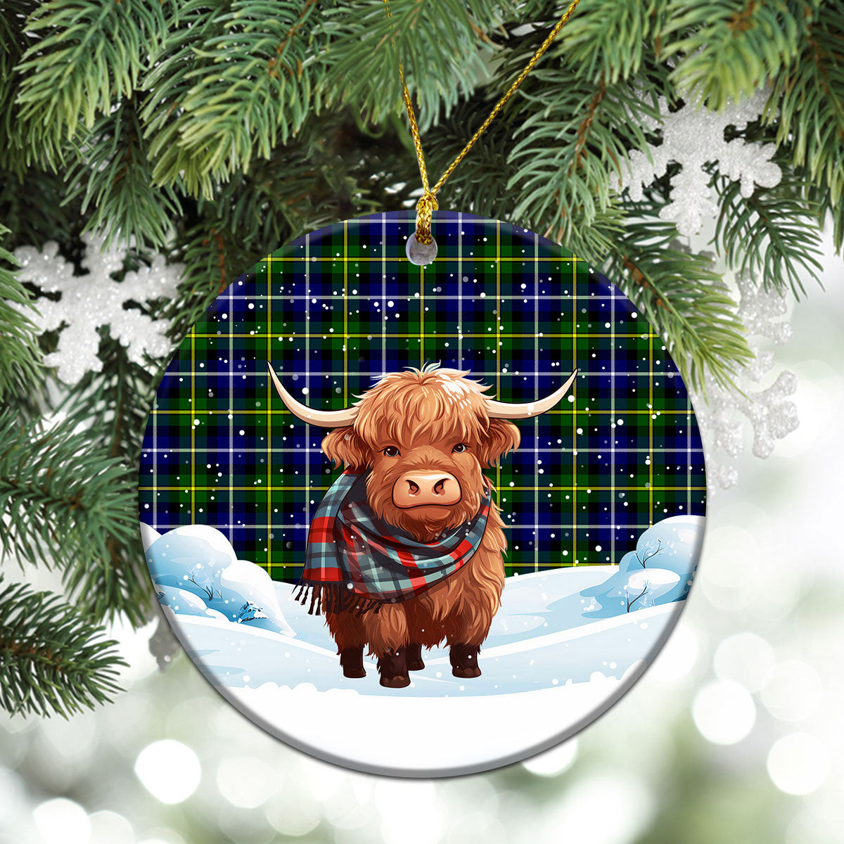 MacNeil of Barra Modern Tartan Christmas Ceramic Ornament - Highland Cows Snow Style