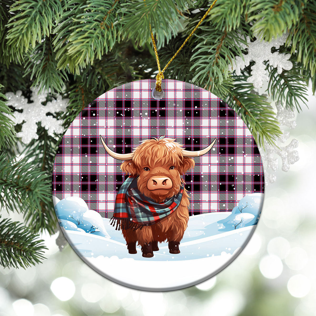 MacPherson Hunting Modern Tartan Christmas Ceramic Ornament - Highland Cows Snow Style