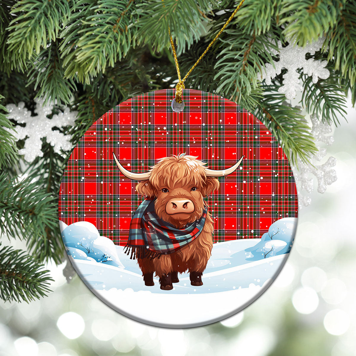 McBean Tartan Christmas Ceramic Ornament - Highland Cows Snow Style