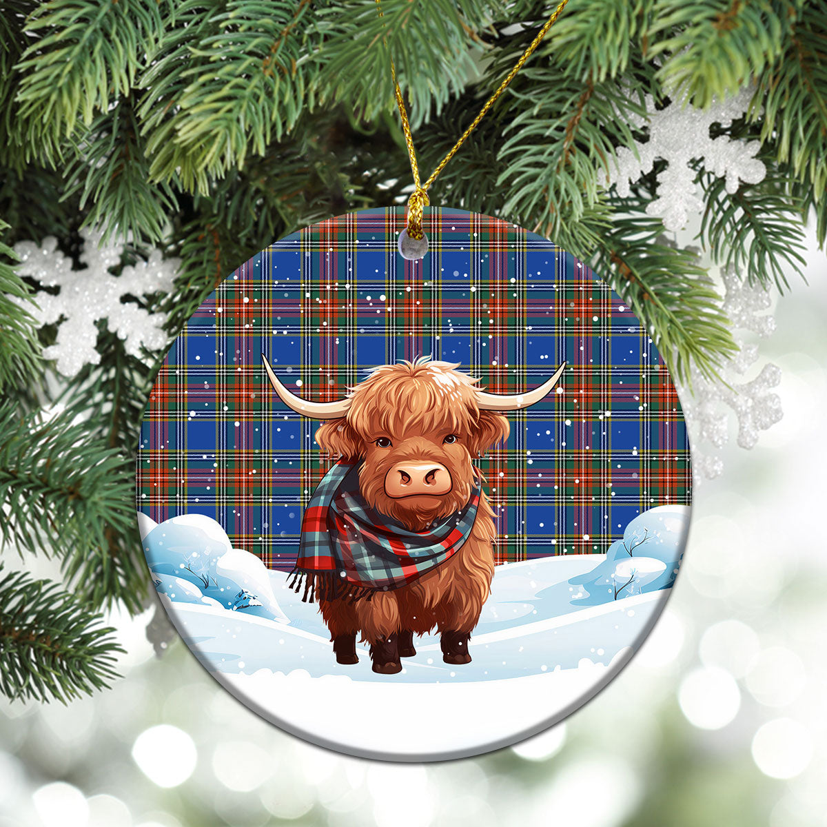 McBeth Ancient Tartan Christmas Ceramic Ornament - Highland Cows Snow Style