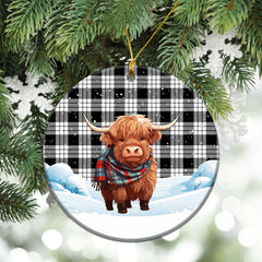 McFarlane Black _ White Tartan Christmas Ceramic Ornament - Highland Cows Snow Style