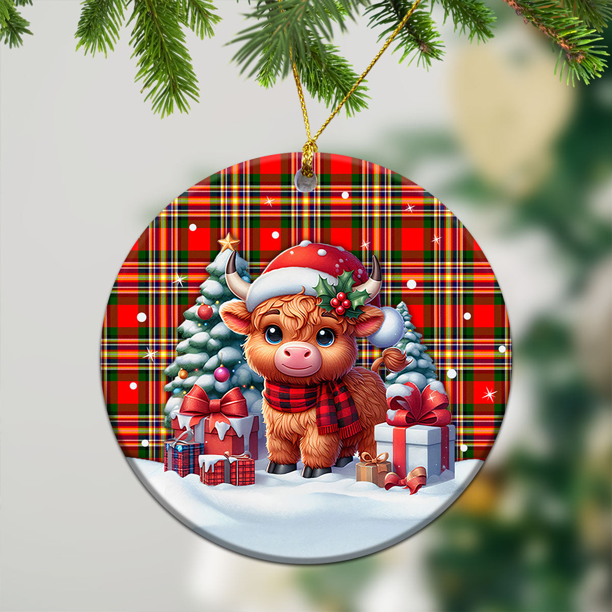 McGill Modern Tartan Christmas Ceramic Ornament - Highland Cow Winter Style