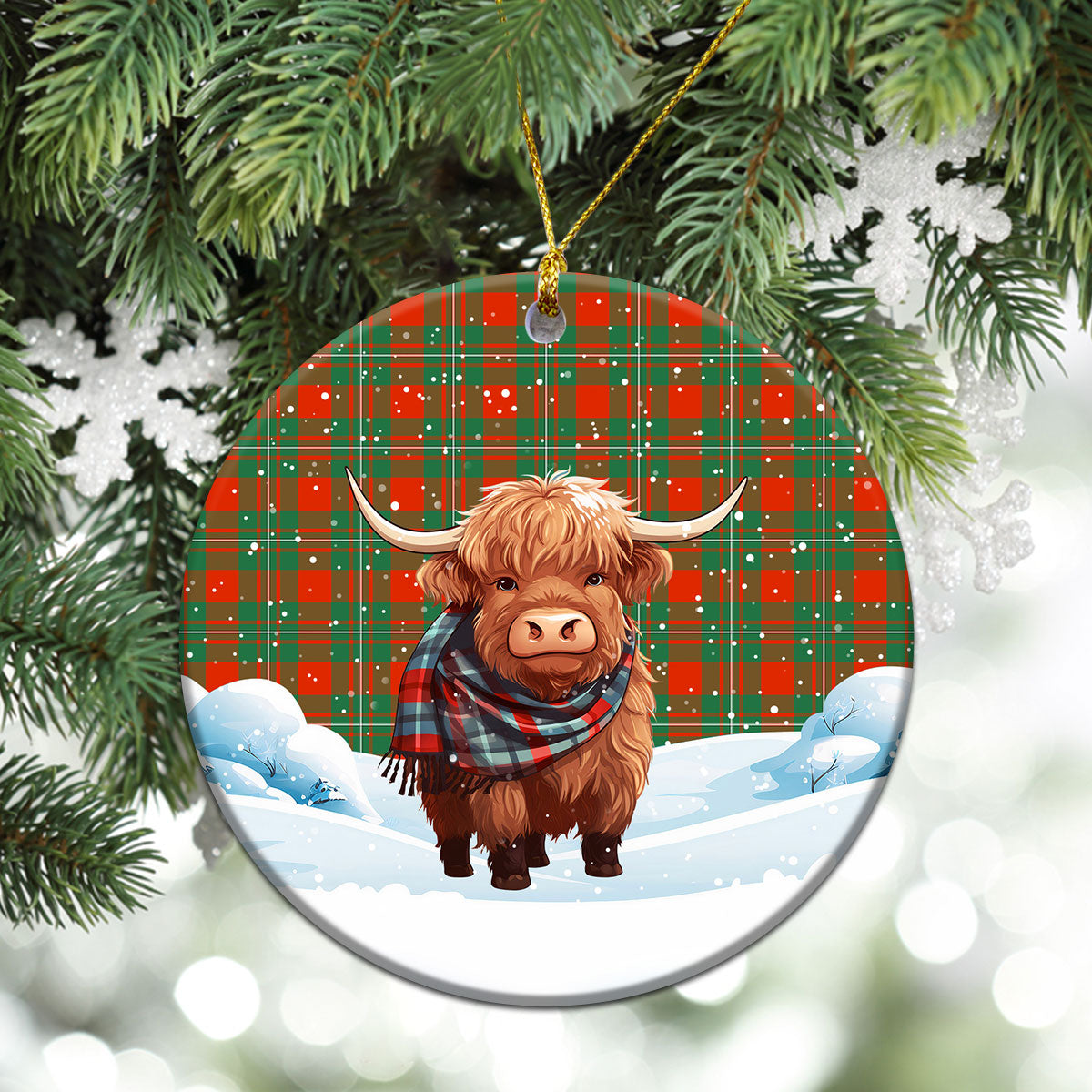 McGregor Ancient Tartan Christmas Ceramic Ornament - Highland Cows Snow Style