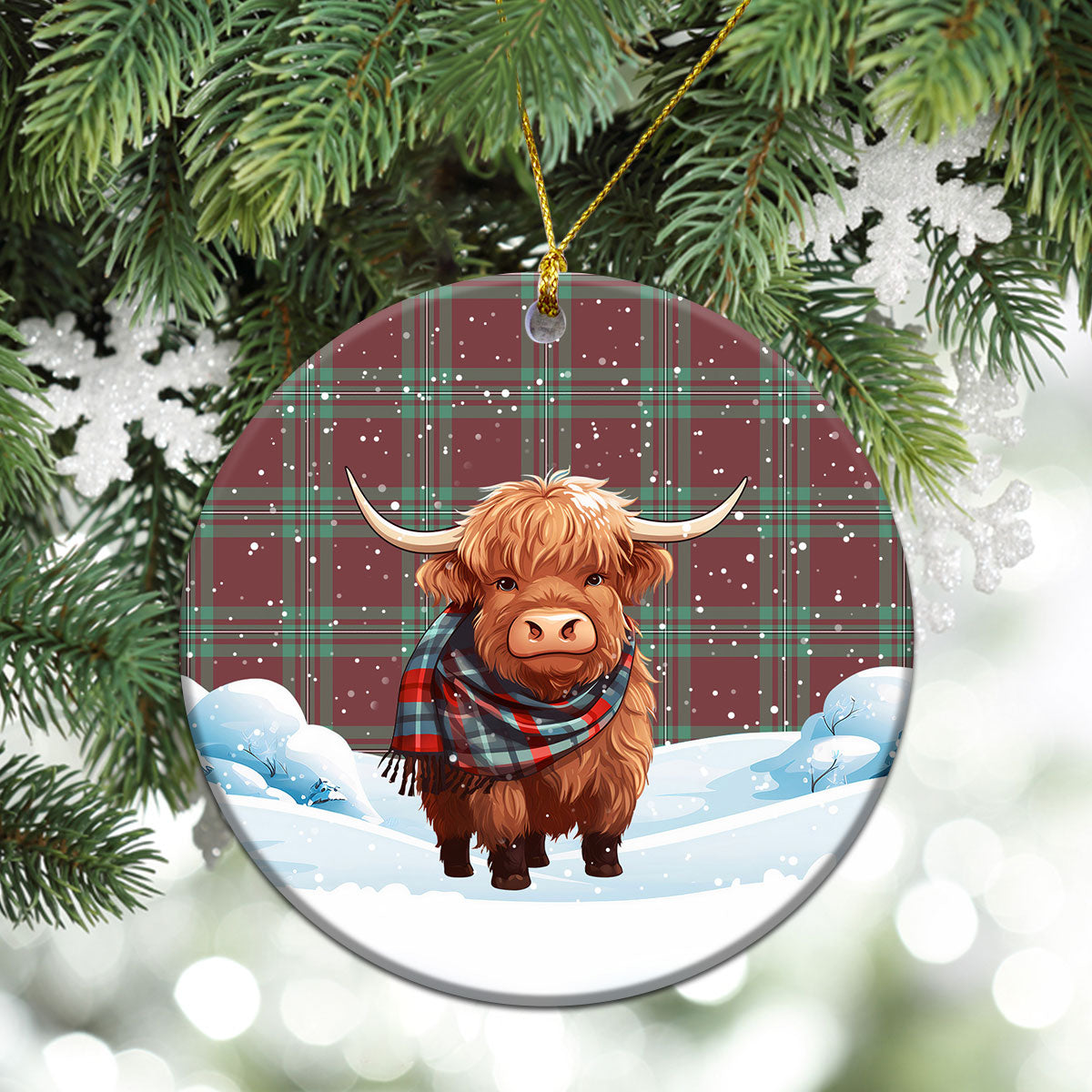 McGregor Hunting Ancient Tartan Christmas Ceramic Ornament - Highland Cows Snow Style