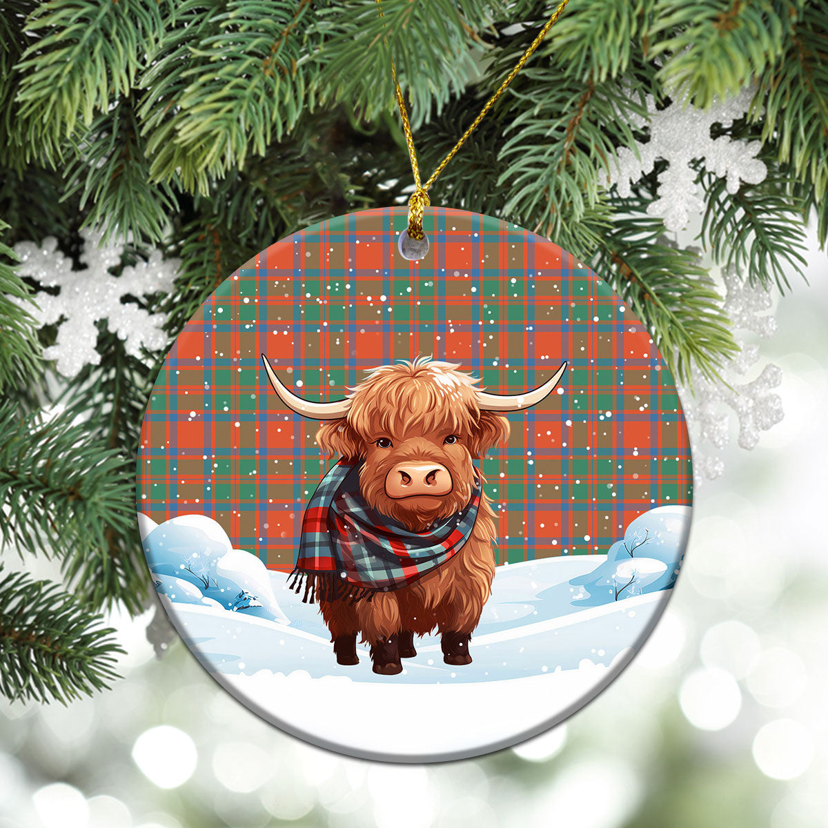 McKintosh Ancient Tartan Christmas Ceramic Ornament - Highland Cows Snow Style