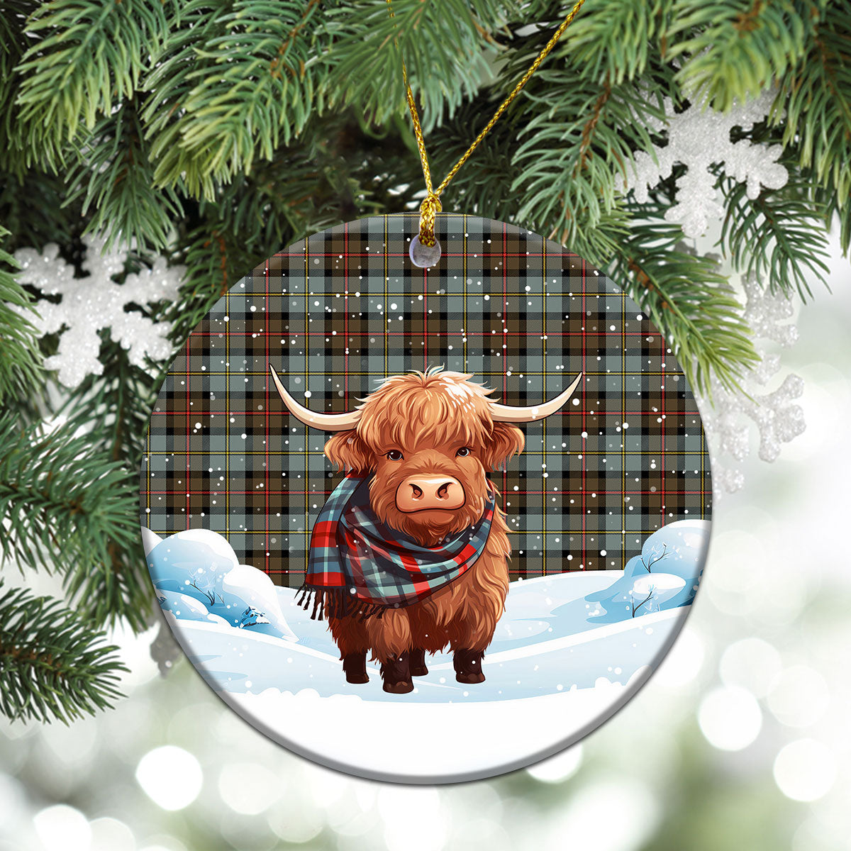 McLeod of Harris Weathered Tartan Christmas Ceramic Ornament - Highland Cows Snow Style