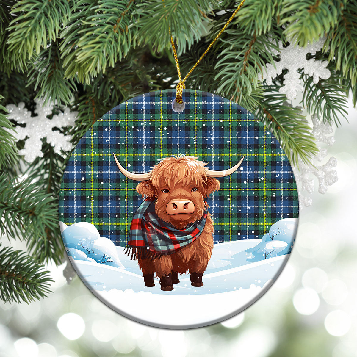 McNeil of Barra Ancient Tartan Christmas Ceramic Ornament - Highland Cows Snow Style