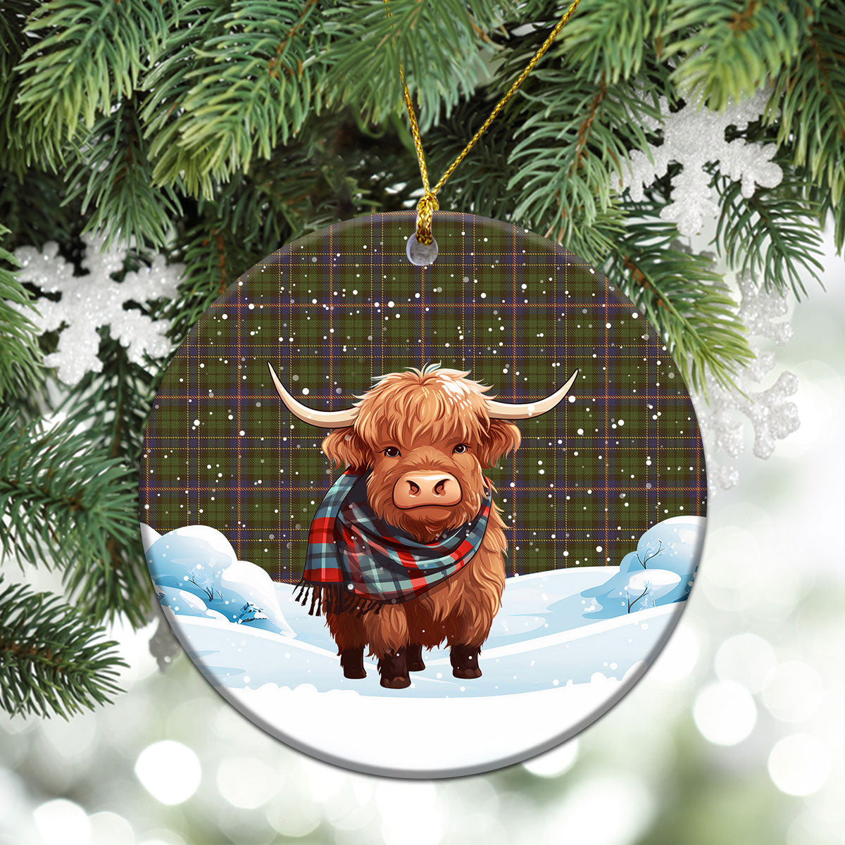 McVicker Tartan Christmas Ceramic Ornament - Highland Cows Snow Style