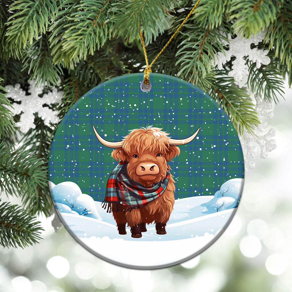 Montgomery Ancient Tartan Christmas Ceramic Ornament - Highland Cows Snow Style