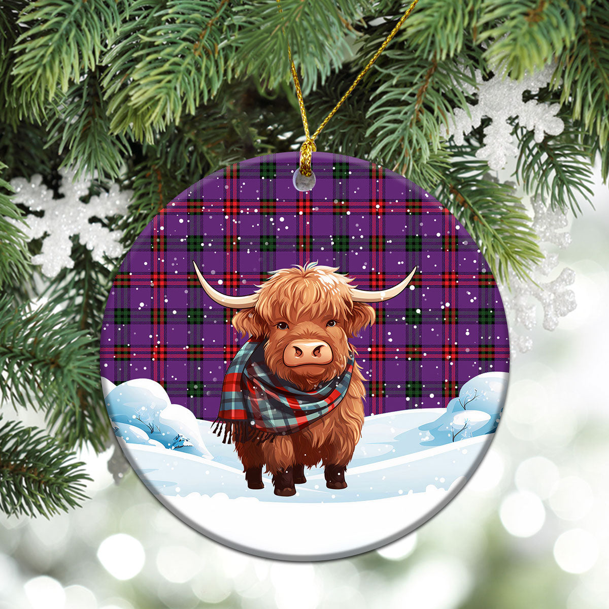 Montgomery Modern Tartan Christmas Ceramic Ornament - Highland Cows Snow Style