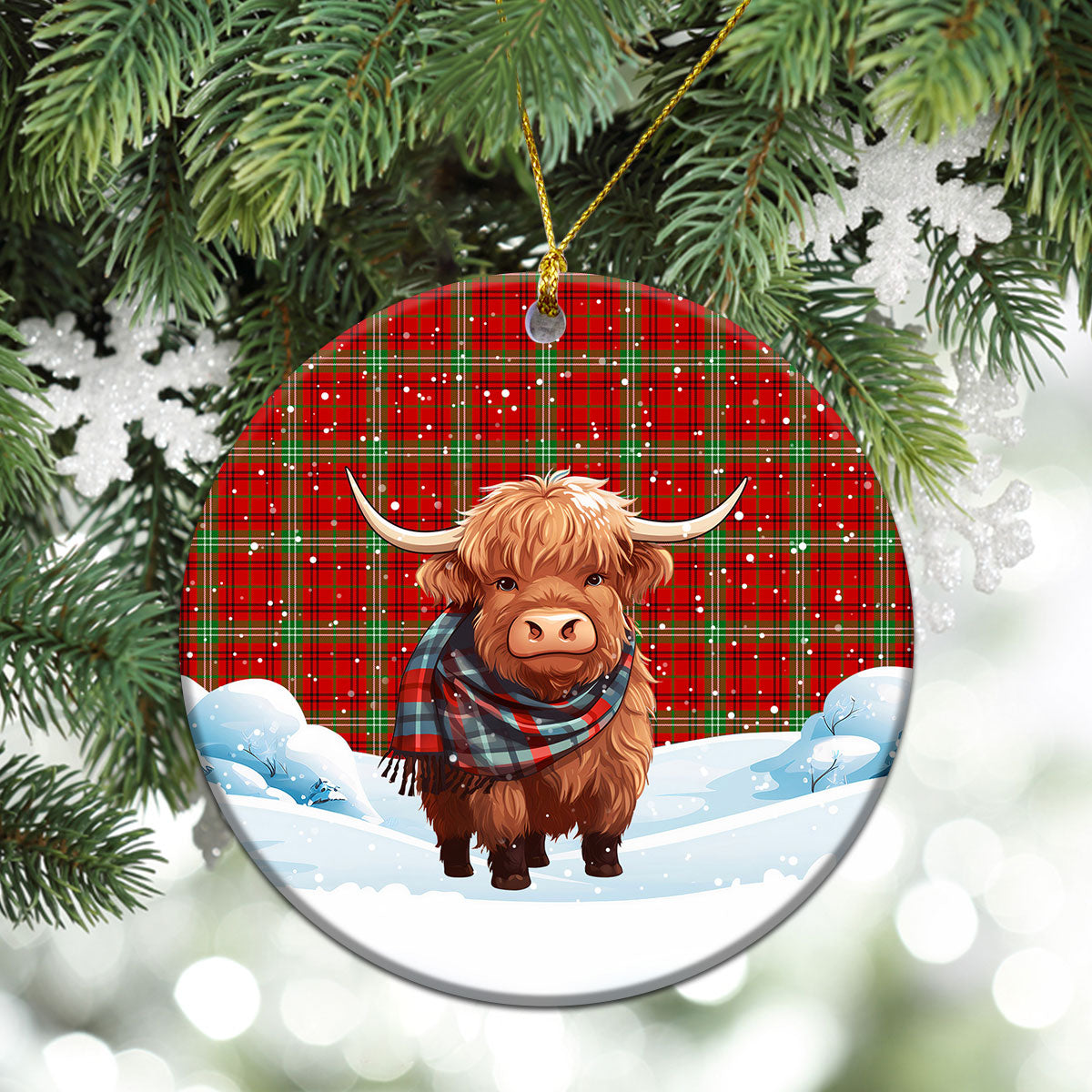 Morrison Red Modern Tartan Christmas Ceramic Ornament - Highland Cows Snow Style