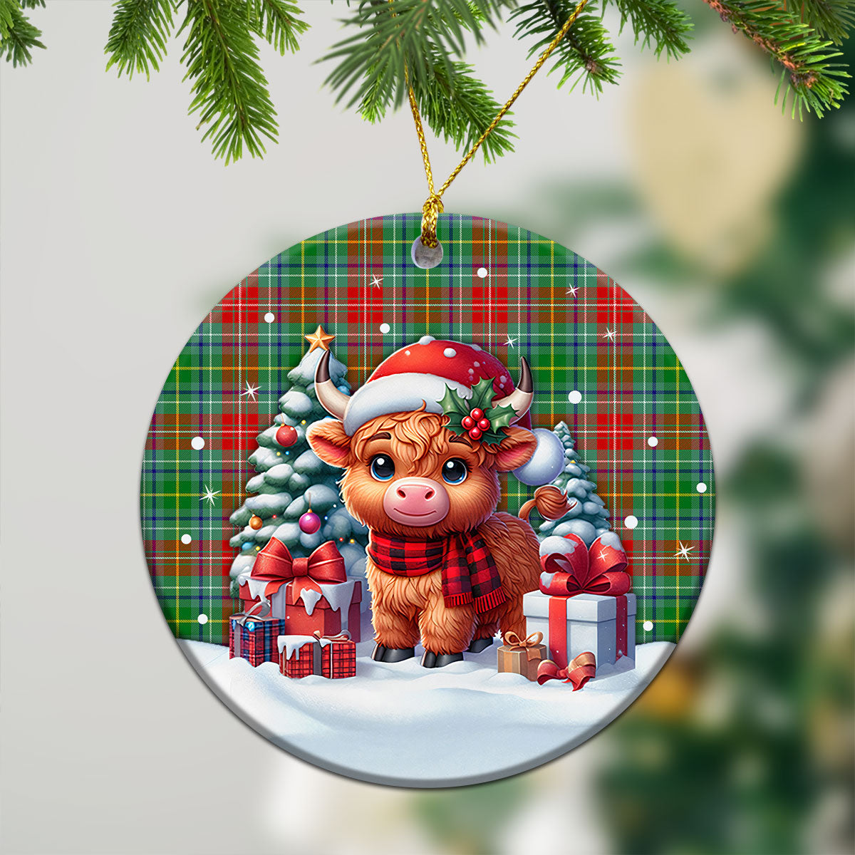 Muirhead Tartan Christmas Ceramic Ornament - Highland Cow Winter Style