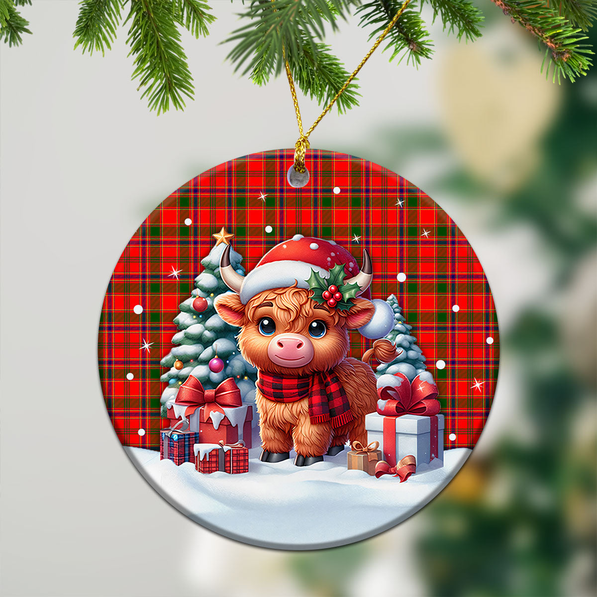 Munro Modern Tartan Christmas Ceramic Ornament - Highland Cow Winter Style