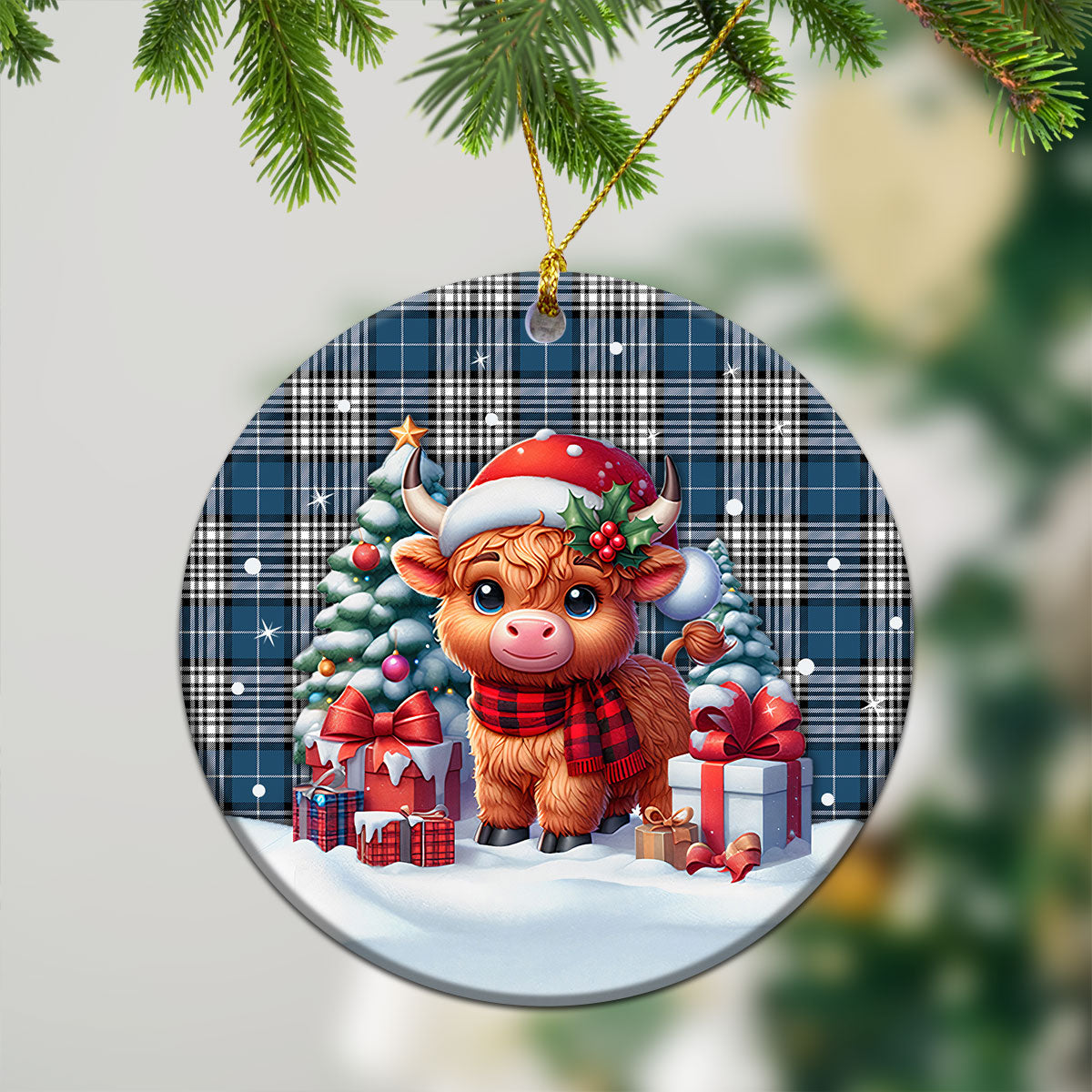 Napier Modern Tartan Christmas Ceramic Ornament - Highland Cow Winter Style