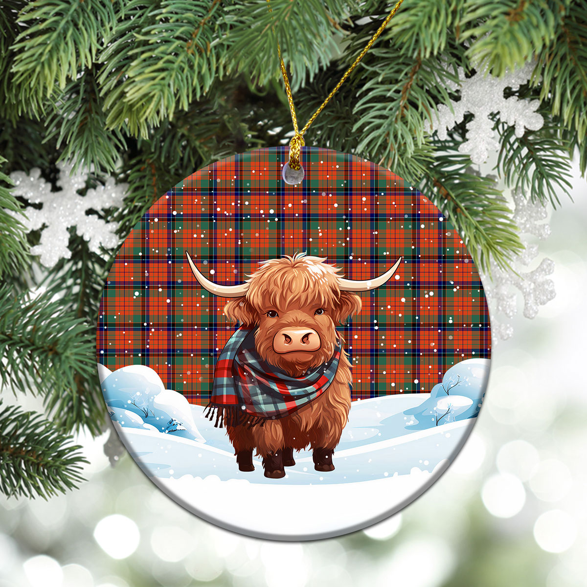 Nicolson Ancient Tartan Christmas Ceramic Ornament - Highland Cows Snow Style