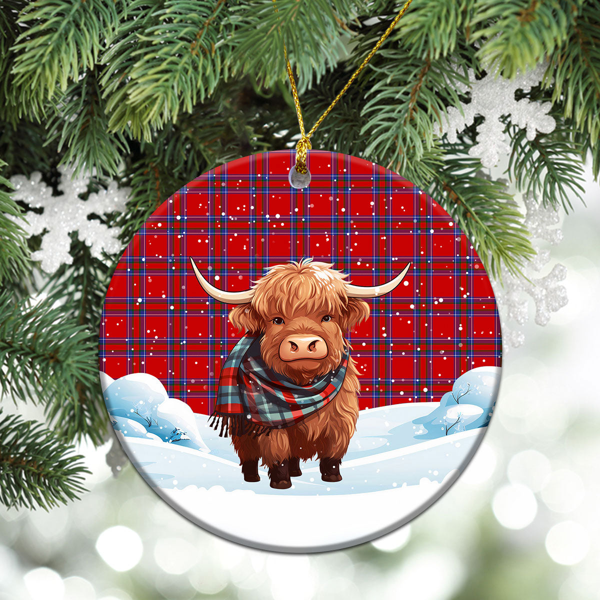 Rait Tartan Christmas Ceramic Ornament - Highland Cows Snow Style