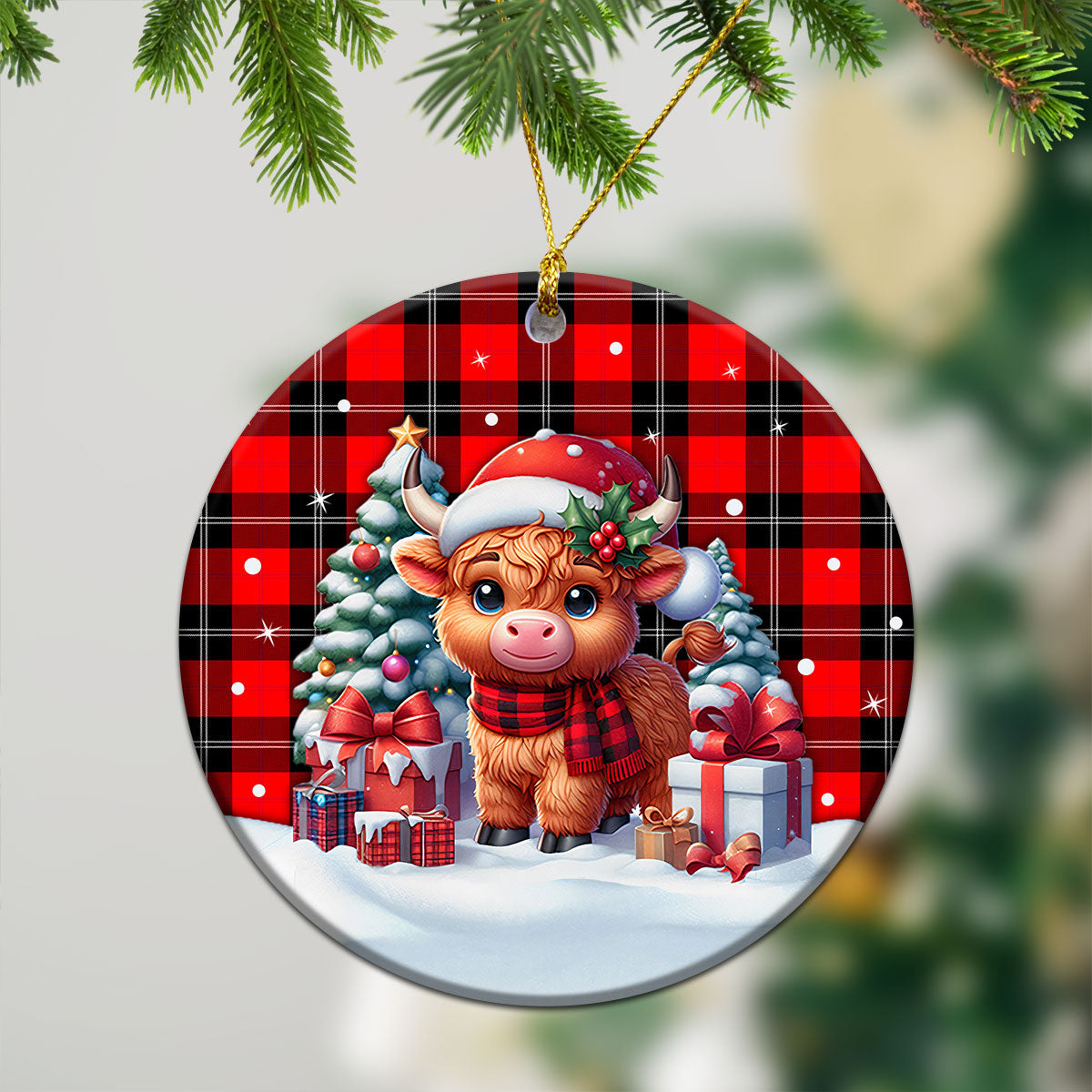 Ramsay Modern Tartan Christmas Ceramic Ornament - Highland Cow Winter Style