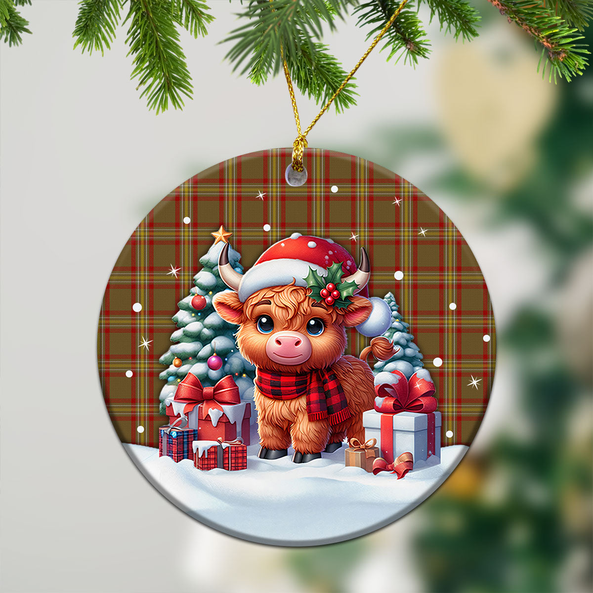 Reid Ancient Tartan Christmas Ceramic Ornament - Highland Cow Winter Style