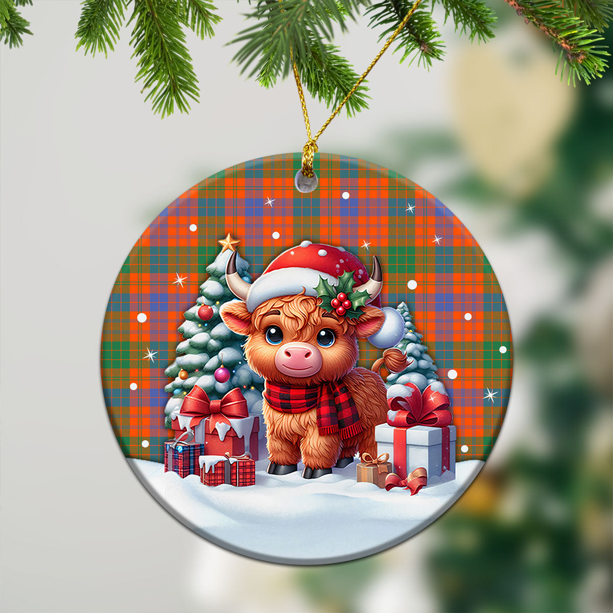 Ross Ancient Tartan Christmas Ceramic Ornament - Highland Cow Winter Style