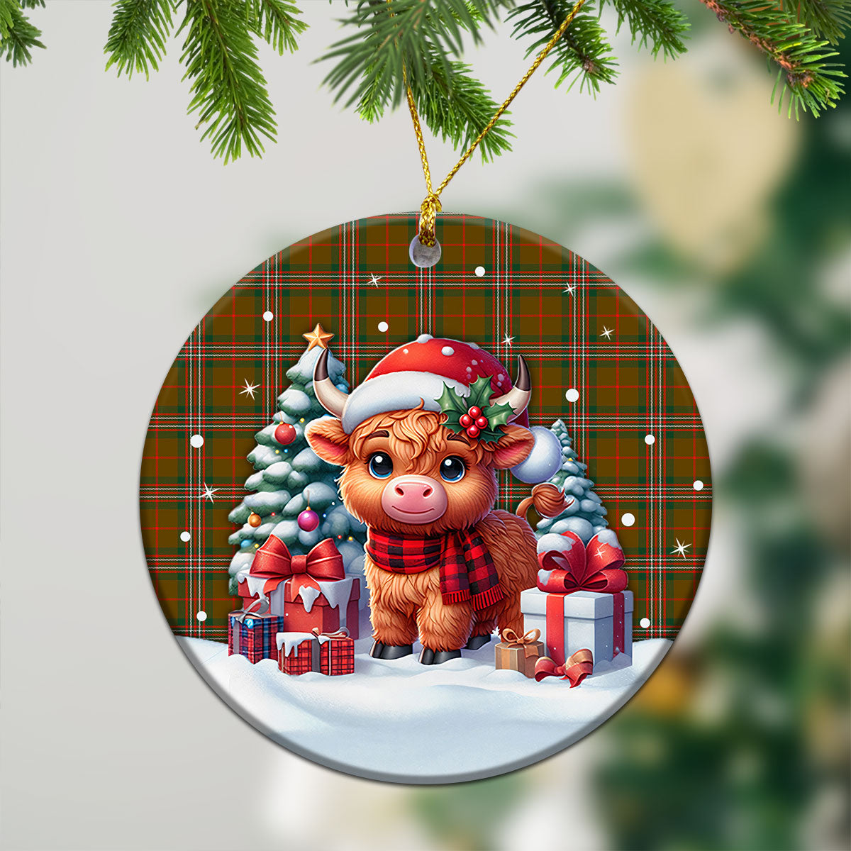 Scott Brown Modern Tartan Christmas Ceramic Ornament - Highland Cow Winter Style