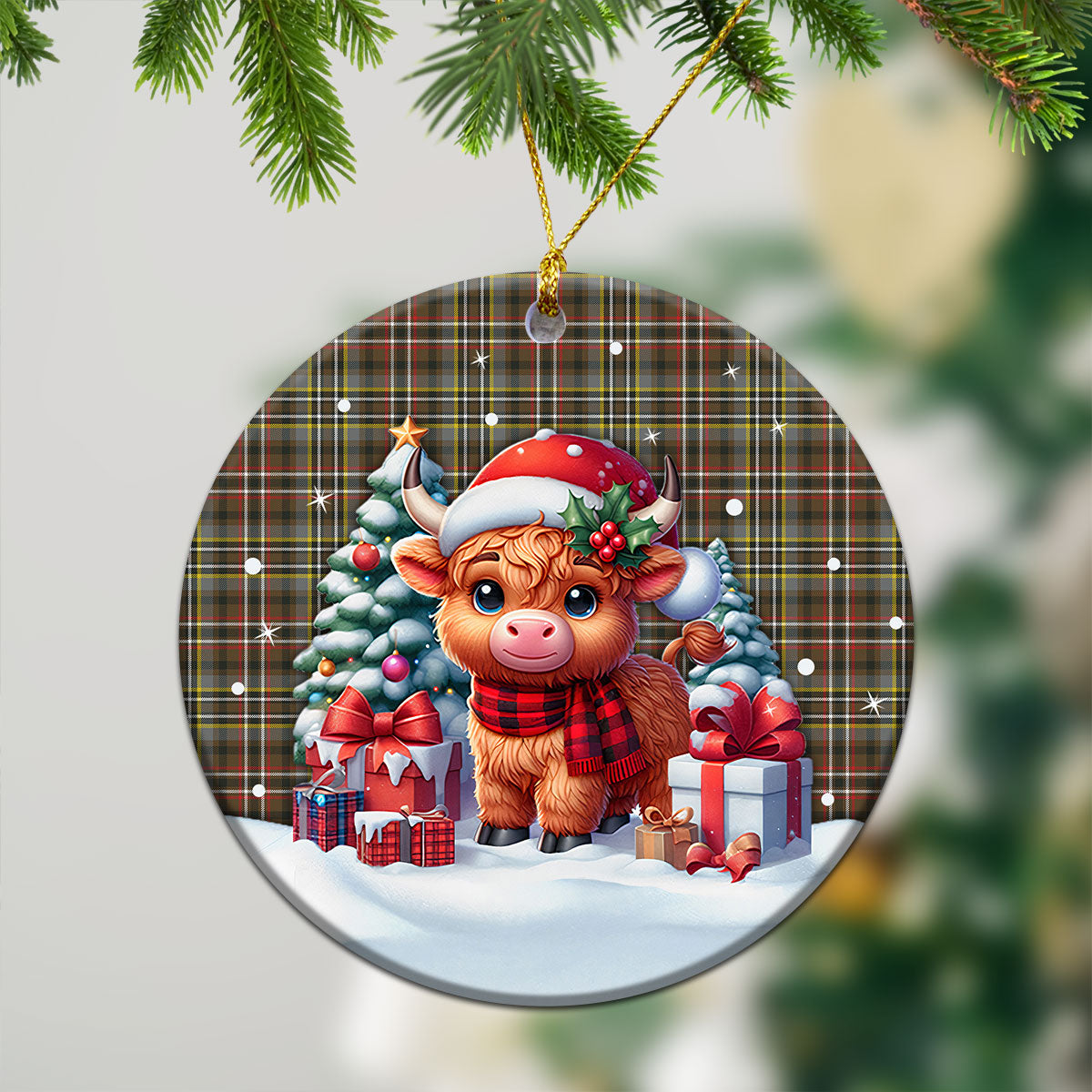 Scott Green Weathered Tartan Christmas Ceramic Ornament - Highland Cow Winter Style