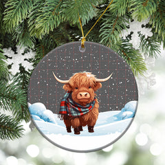 Shepherd Tartan Christmas Ceramic Ornament - Highland Cows Snow Style