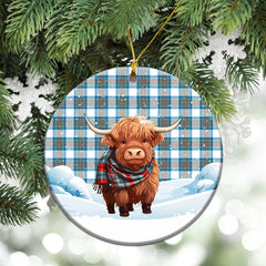 Stewart Muted Blue Tartan Christmas Ceramic Ornament - Highland Cows Snow Style