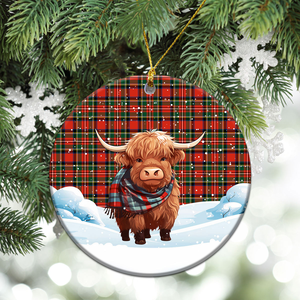 Stewart Royal Modern Tartan Christmas Ceramic Ornament - Highland Cows Snow Style