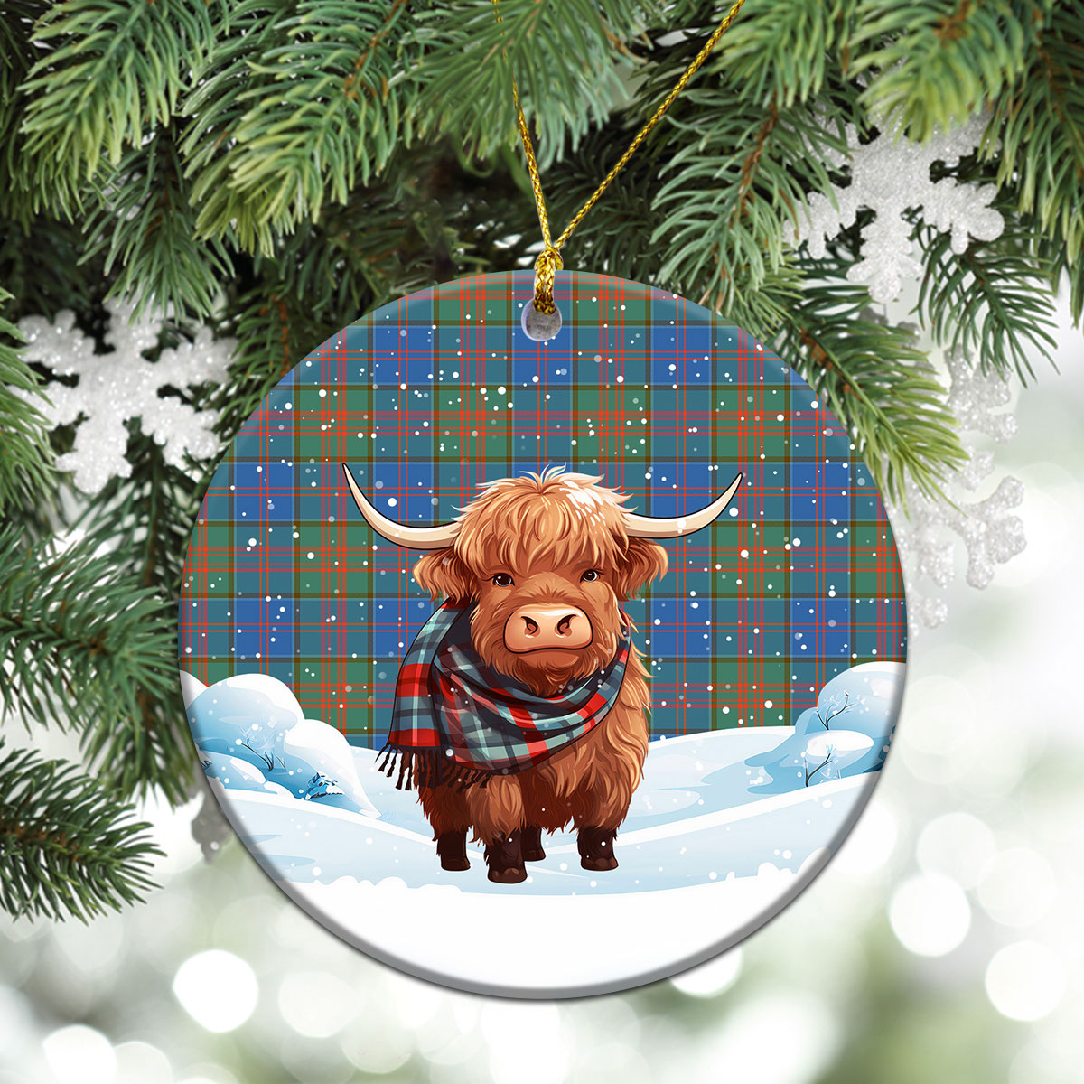 Stewart of Appin Hunting Ancient Tartan Christmas Ceramic Ornament - Highland Cows Snow Style