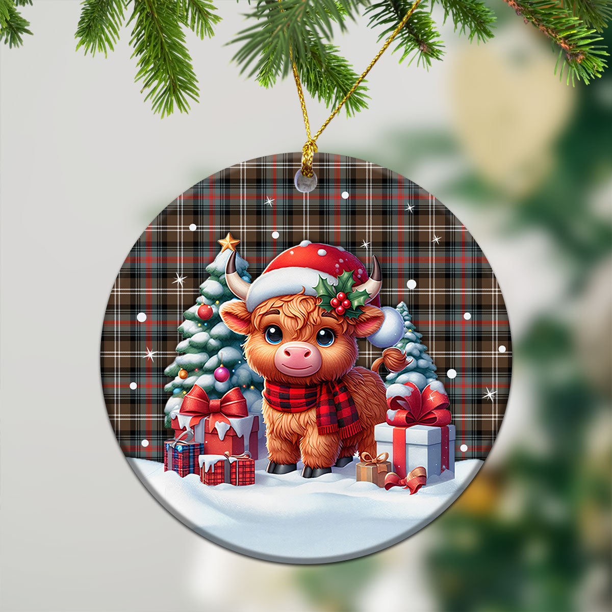 Sutherland Weathered Tartan Christmas Ceramic Ornament - Highland Cow Winter Style