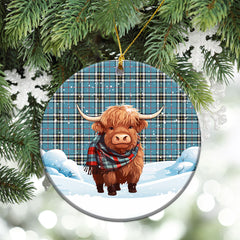 Thomson Blue Tartan Christmas Ceramic Ornament - Highland Cows Snow Style