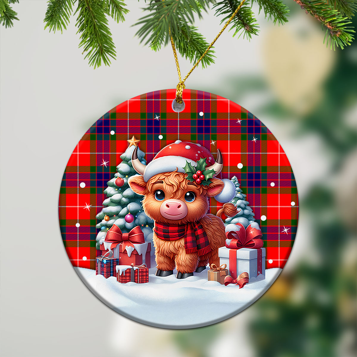 Tweedie Tartan Christmas Ceramic Ornament - Highland Cow Winter Style