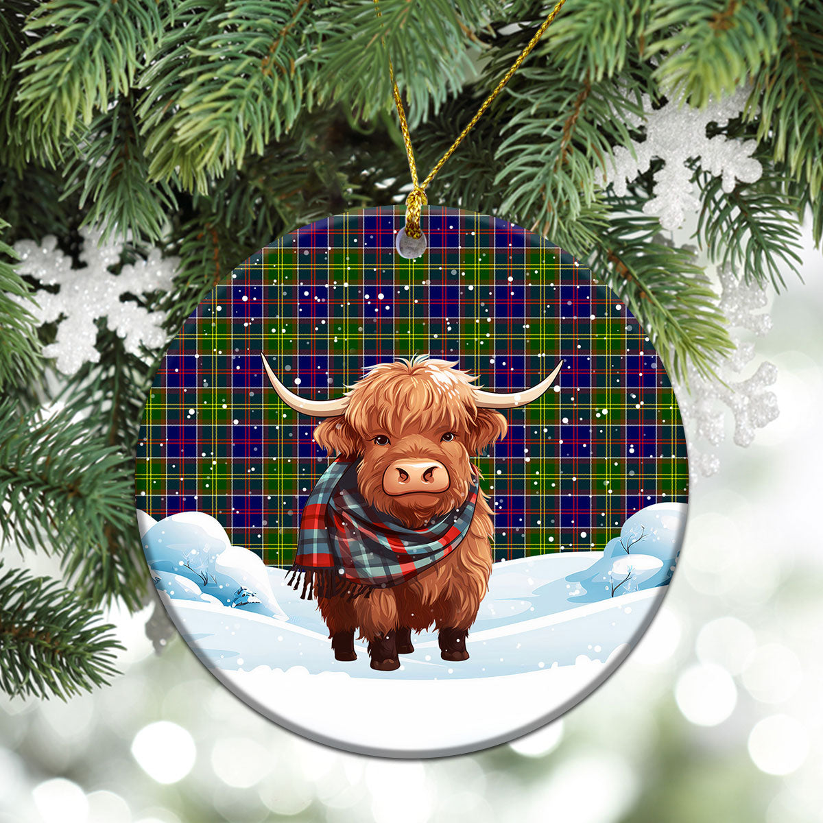 Whiteford Tartan Christmas Ceramic Ornament - Highland Cows Snow Style