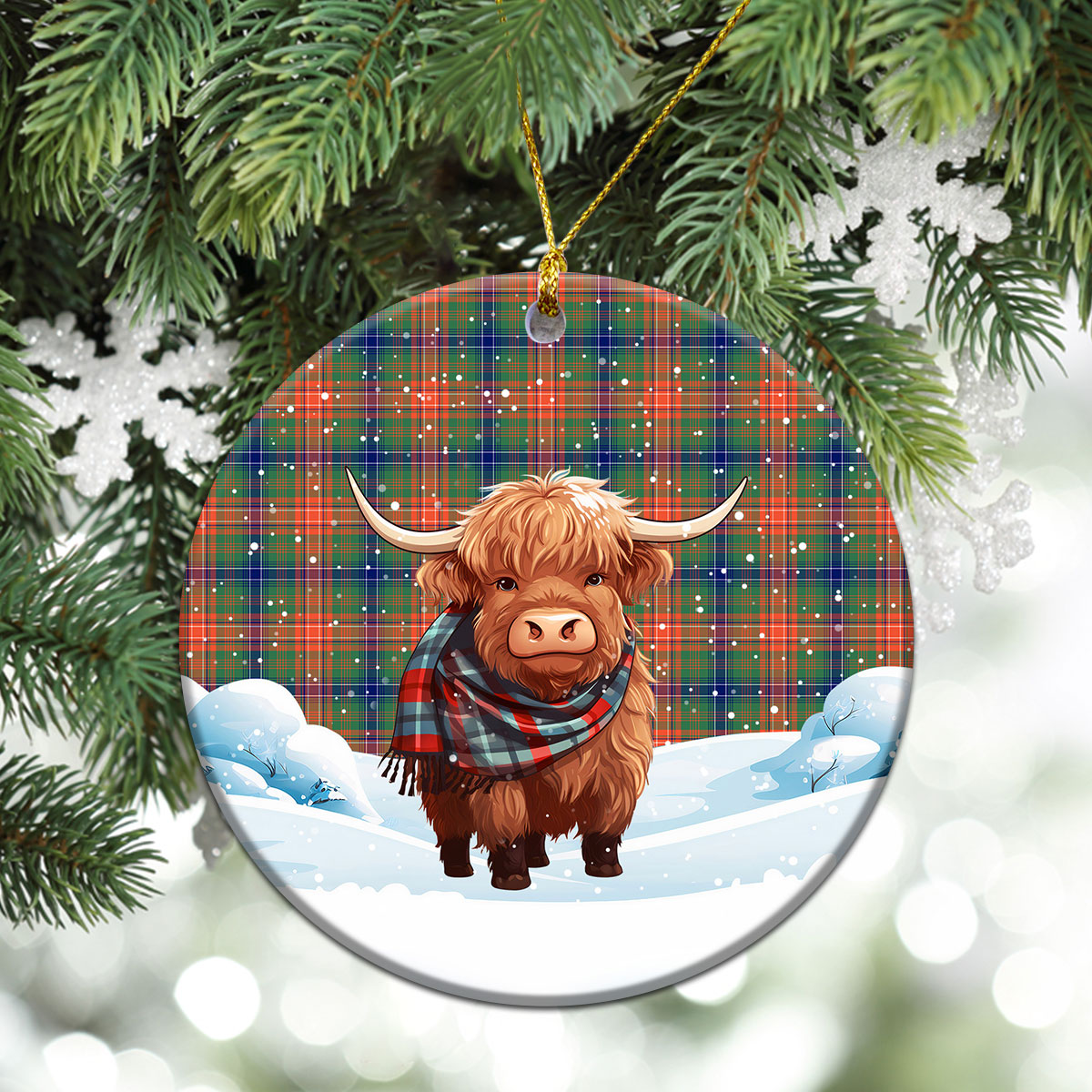 Wilson Ancient Tartan Christmas Ceramic Ornament - Highland Cows Snow Style