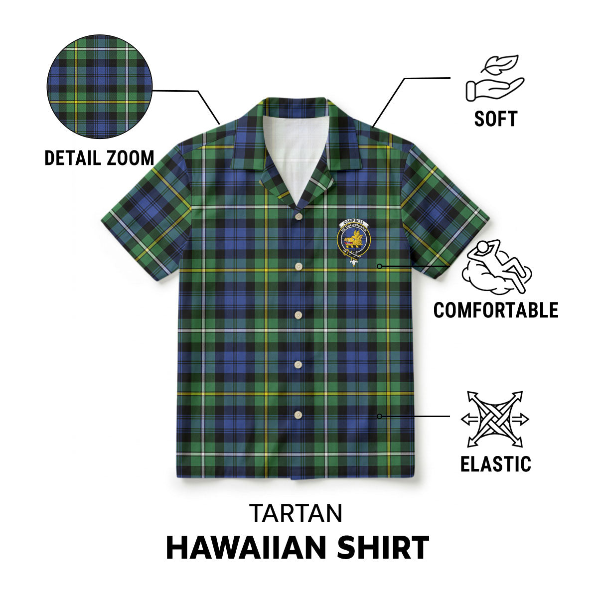 Campbell Argyll Ancient Tartan Crest Hawaiian Shirt