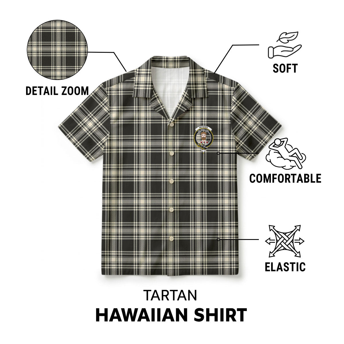 Menzies Black - White Ancient Tartan Crest Hawaiian Shirt